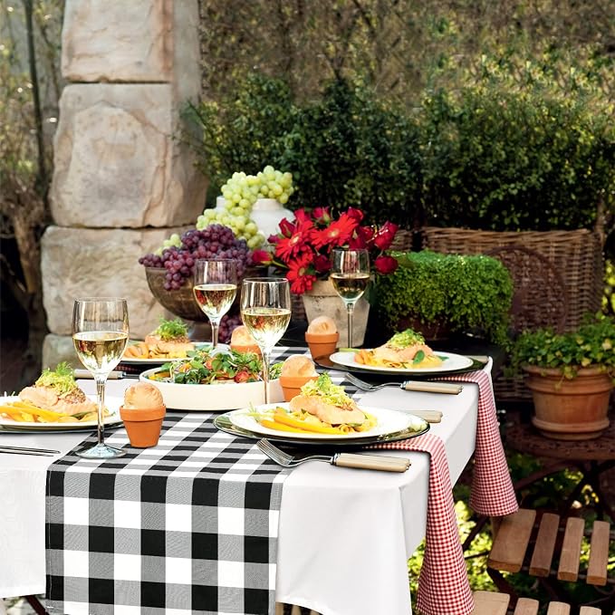 Buffalo Plaid Table Runner Black and White 14W x 48L, 1 Piece | Waterproof - Image 3