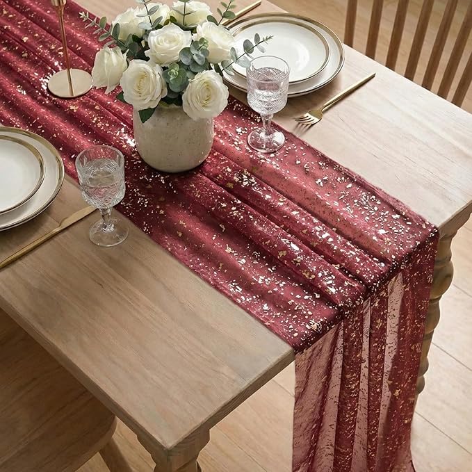 Artoid Mode 3PC Burgundy Gold Gauze Table Runner 120 Inch 10FT, Glitter - Image 6