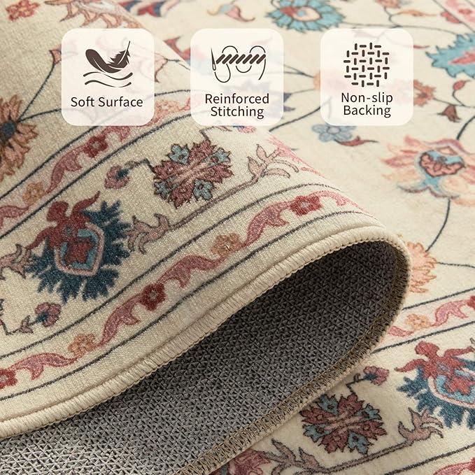 Rugxara Pink Rug for Living Room Bedroom, Floral 5x7 Washable Rug, Vintage Boho - Image 5