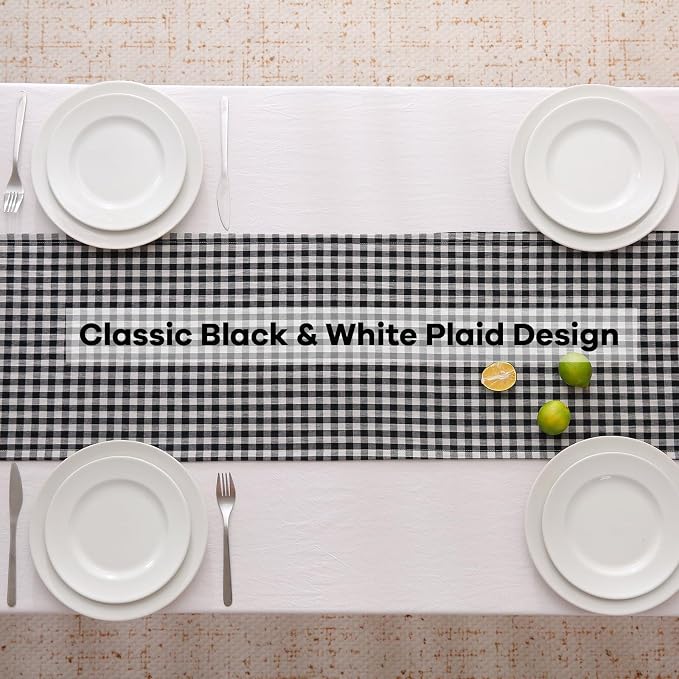 Black White Plaid Gingham Ruffle Table Runner 90 inches Long 100% Washed Cotton - Image 4