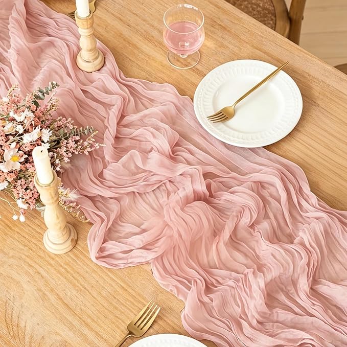 3Pcs Pink Cheesecloth Table Runner, 10FT Dusty Pink Boho Gauze Table Runner - Image 3