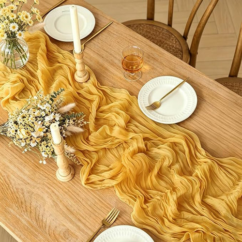 3Pcs Yellow Table Runner, 10FT Rustic Gauze Gold Table Runner 35*120inch Boho - Image 2