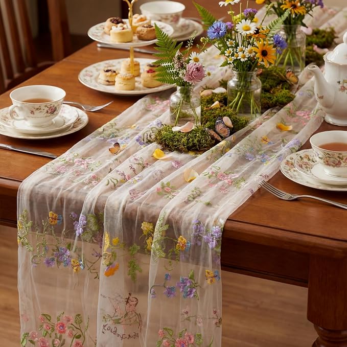 Ivory White Floral Table Runner 10ft Embroidery Tulle Spring Wildflower Table by Windkream