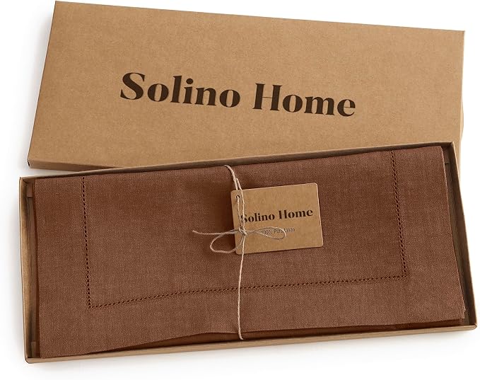 Solino Home 100% Pure Linen Dining Table Runner Brown Hemstitch, 14 x 48 in | - Image 6
