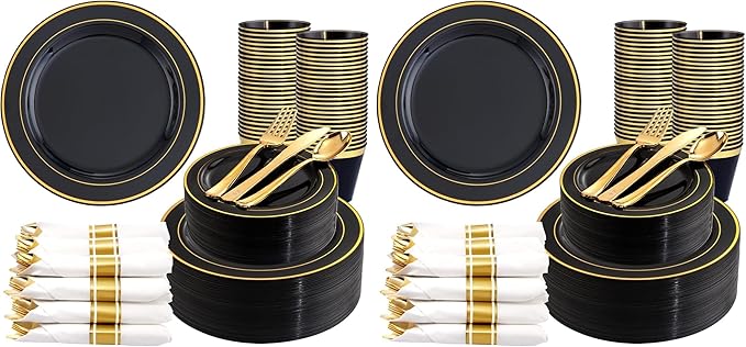 350 Pieces Black and Gold Plastic Plates by WDF