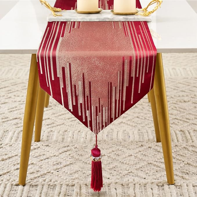 Luxury Red Gold Table Runner 120 Inch Extra Long, Abstract Geometric | Faux - Image 2