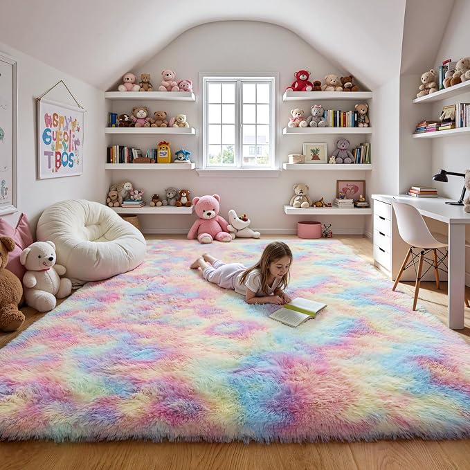 Fluffy 9x12 Large Area Rugs for Girls Bedroom Living Room, Rainbow Soft by KICHOWUA