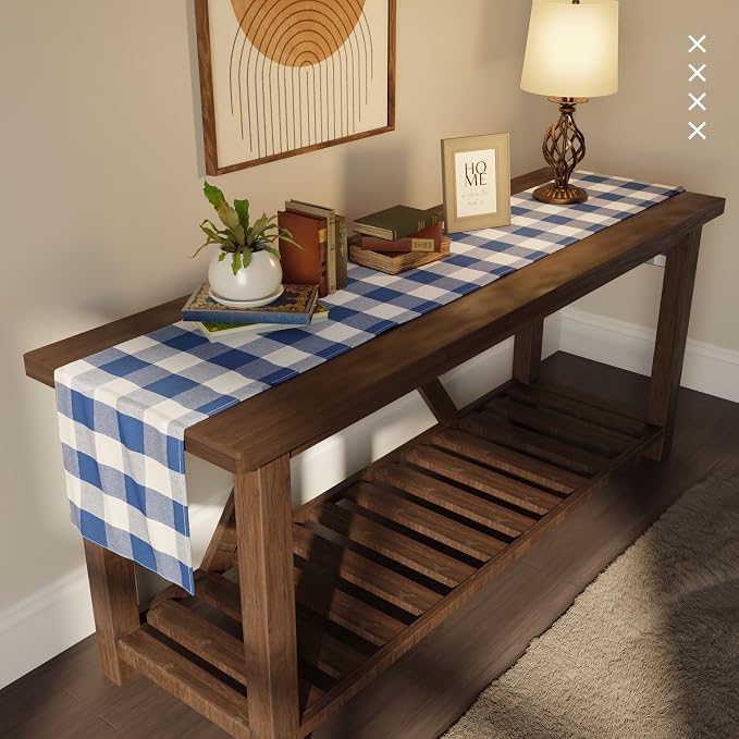 Encasa XO Table Runner, Woven Cotton Dining Runner 13"x104" Buffalo Blue Checks - Image 2