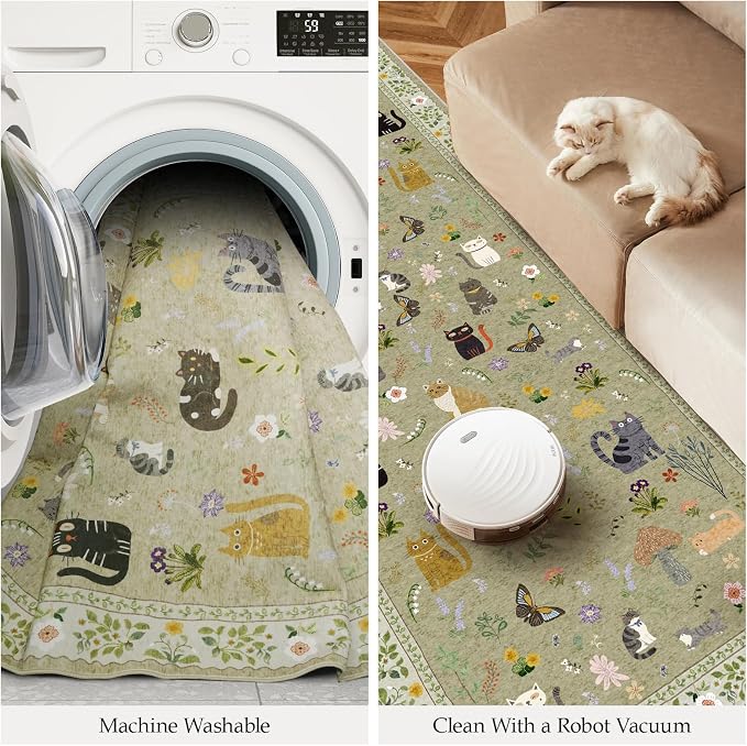 Washable 3x6 Kitchen Runner Rug: Non Slip Soft Low Pile Animal Cat Print Carpet - Image 7