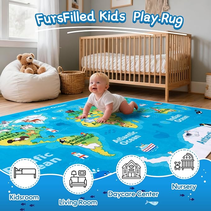 Kids Playroom Rug, 8x10ft World Map Play Mat - Image 3