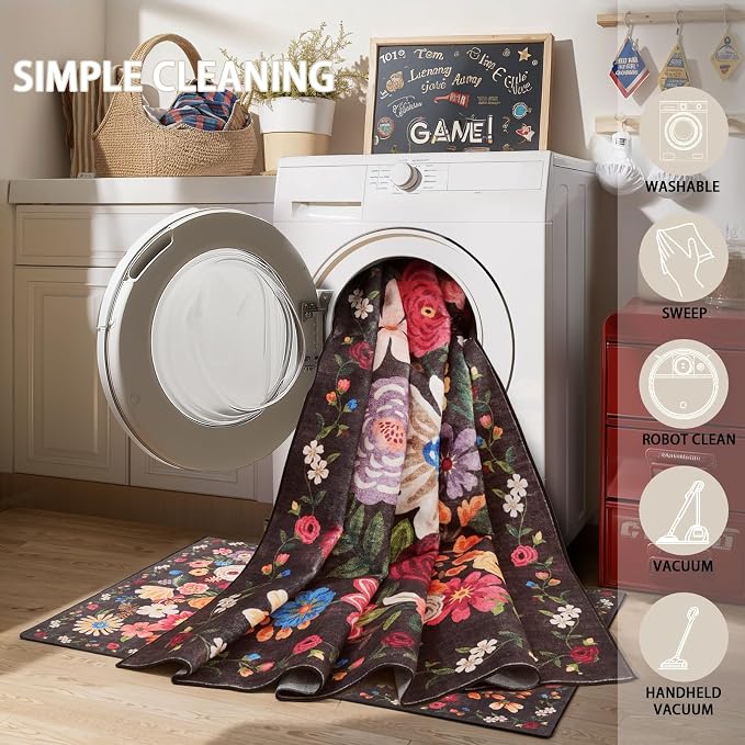 Floral Machine Washable Rug 3x5 Espresso, Non Slip Soft Bedroom Rug - Image 7