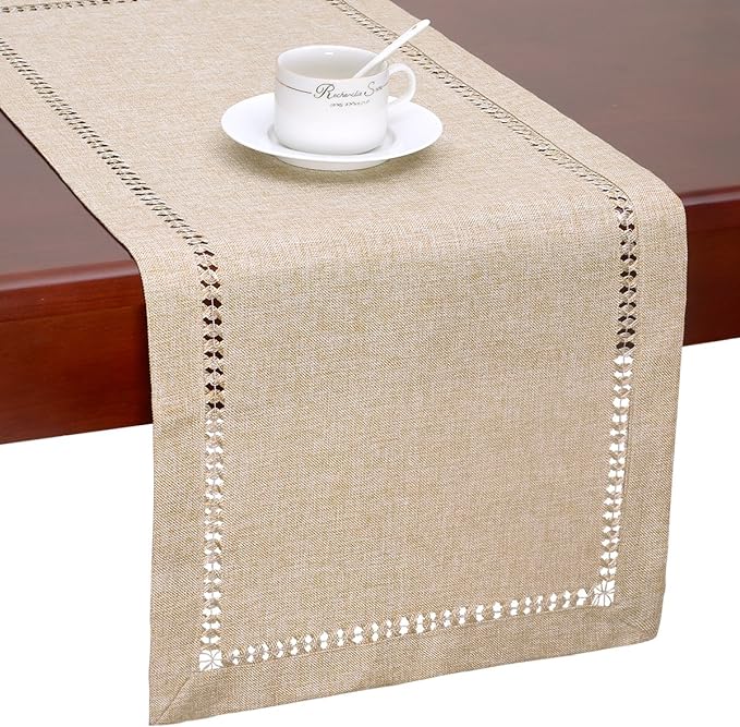 Grelucgo Handmade Hemstitch Beige Table Runner, Rectangular 14 by 90 Inch - Image 2