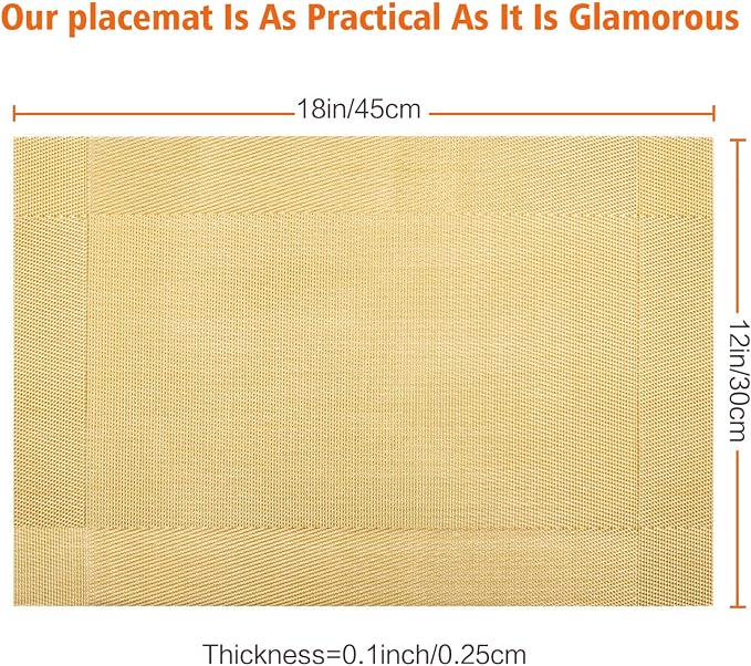 Placemats Set of 8, Vinyl Woven Gold Non Slip Table Mats | Heat Resistant - Image 3