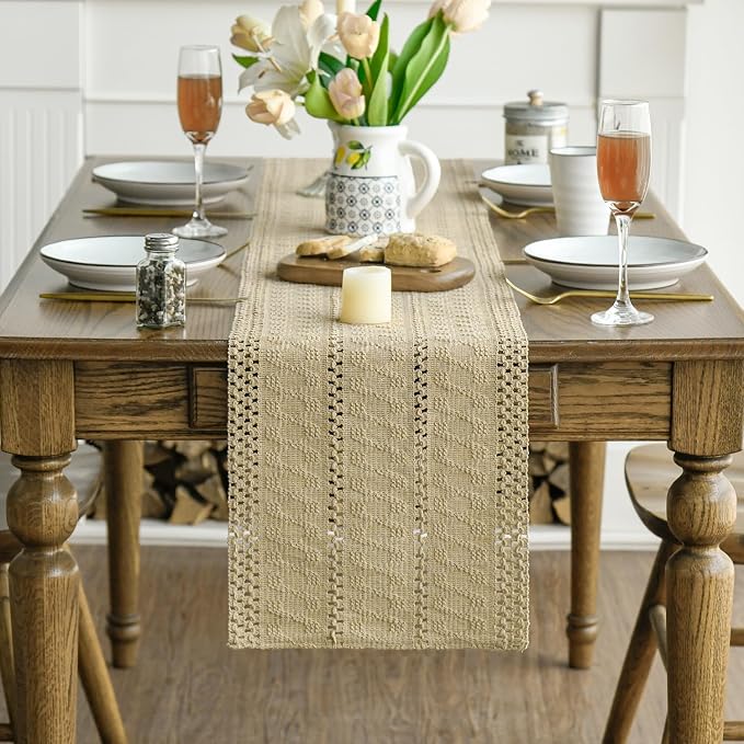 Artoid Mode Burlap Brown Woven Farmhouse Hollow Table Runner 12x60 Inch | - Image 2