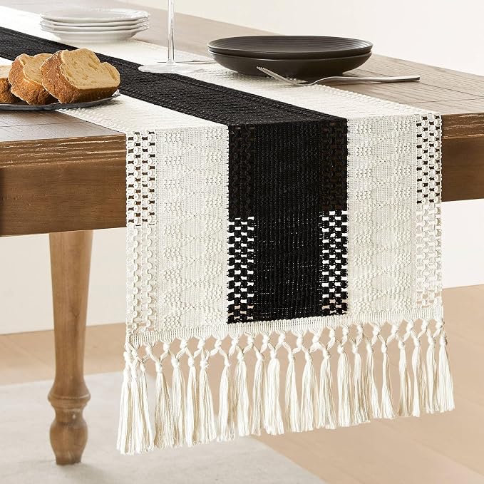 Macrame Style Bicolor Stitching Table Runner 14x72in Black | Woven Boho Table by ZEEMARTONLINE