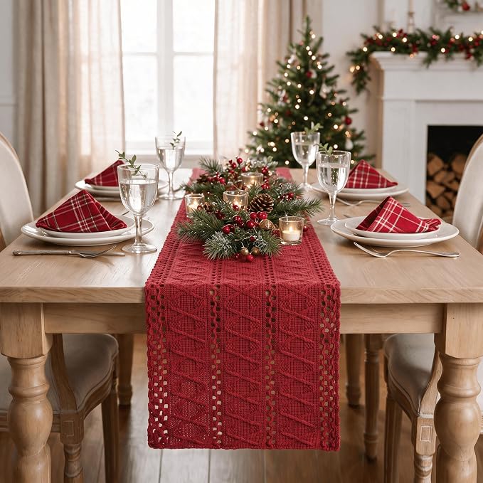 Artoid Mode Rose Red Woven Farmhouse Hollow Table Runner 12x72 Inch | Holiday - Image 3