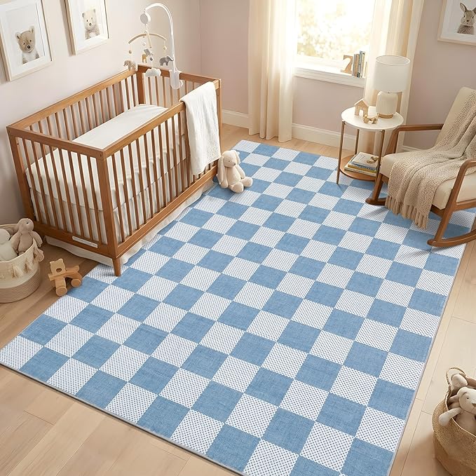 GarveeHome Checkered Light Blue and White 3x5 Washable Rug Geometric Diamond - Image 2