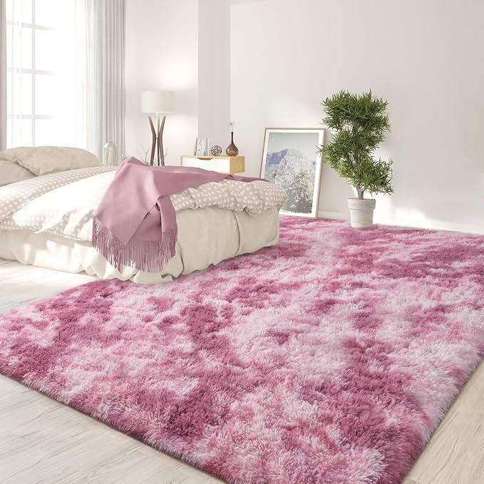 FlyDOIT Large Area Rugs for Living Room, 5x8 Feet Tie-Dyed Blush Shaggy Rug - Image 3