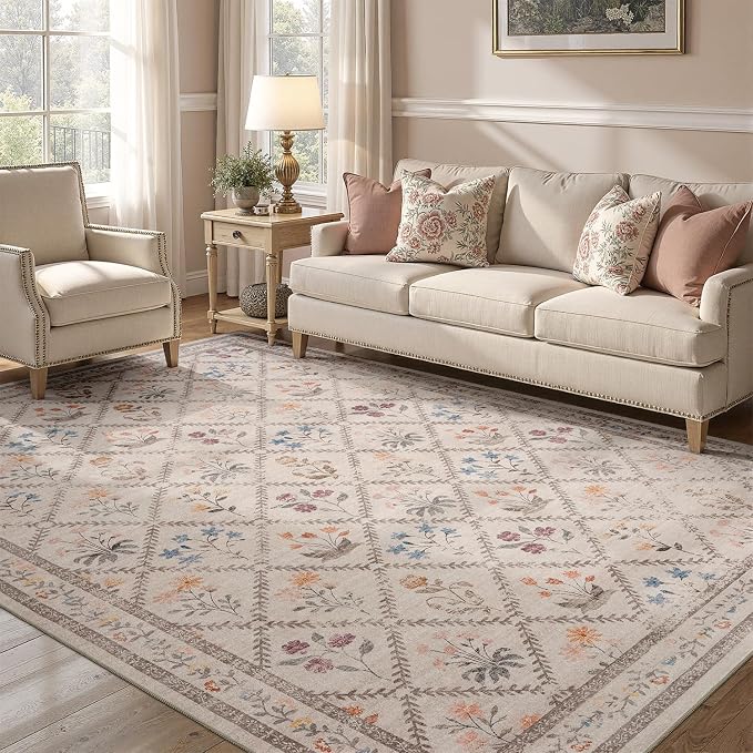 DCX Washable 8x10 Rose Biege Floral Rug - Image 4