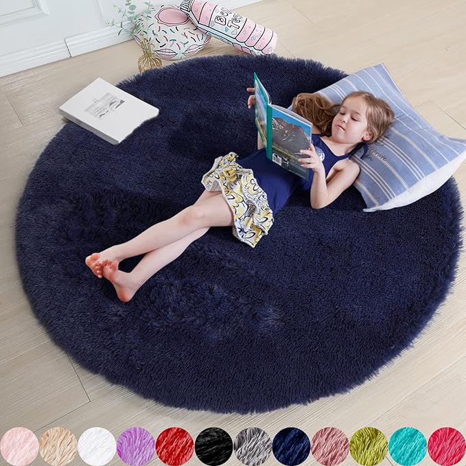 Dark Navy Round Rug 6Ft for Living Room Boys Bedroom, Fluffy Furry Fuzzy Plush by Amdrebio