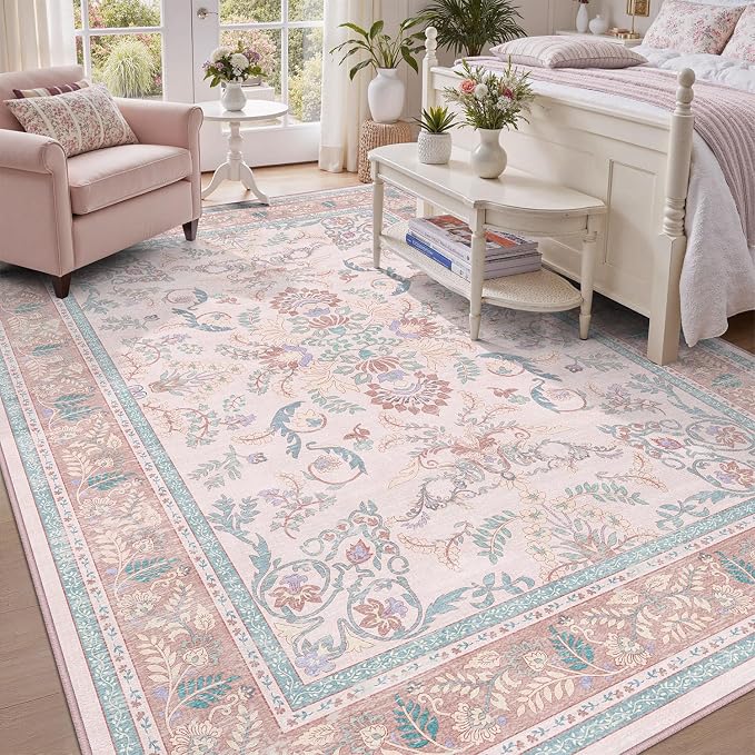 DCX 4x6 Pink Vintage Floral Rug, Machine Washable Non Slip Low Pile Carpet by DCXWashableRug