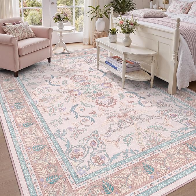 DCX 8x10 Pink Vintage Floral Rug, Machine Washable Non Slip Low Pile Carpet by DCXWashableRug