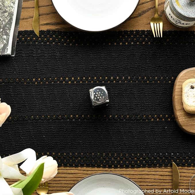Artoid Mode Black Woven Farmhouse Hollow Table Runner 12x90 Inch | Holiday - Image 4