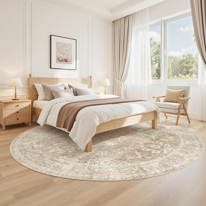 Madane Washable Round Rug 9ft for Living Room, Soft Ultra-Thin Non-Slip Vintage - Image 3