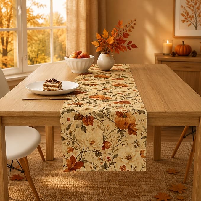 Fall Decor - Vintage Autumn Pumpkin Floral Table Runner | Fall Decorations - Image 2