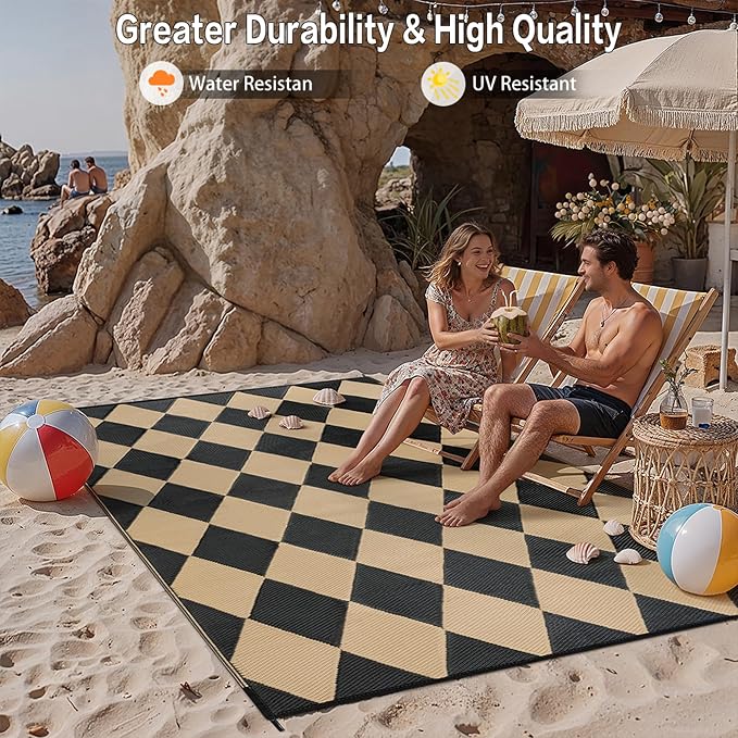 Outdoor Plastic Checkered Rug Waterproof Patio 5x8 Black Brown Diamond Geometry - Image 4