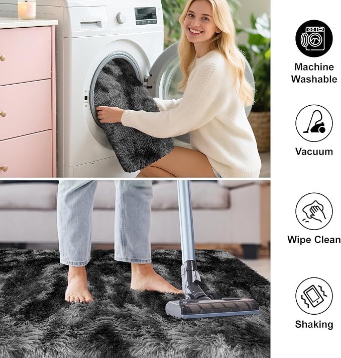 2x8 ft Plush High Pile Black Tie-Dyed Rug Fluffy Soft Runner Bedside Rug - Image 7
