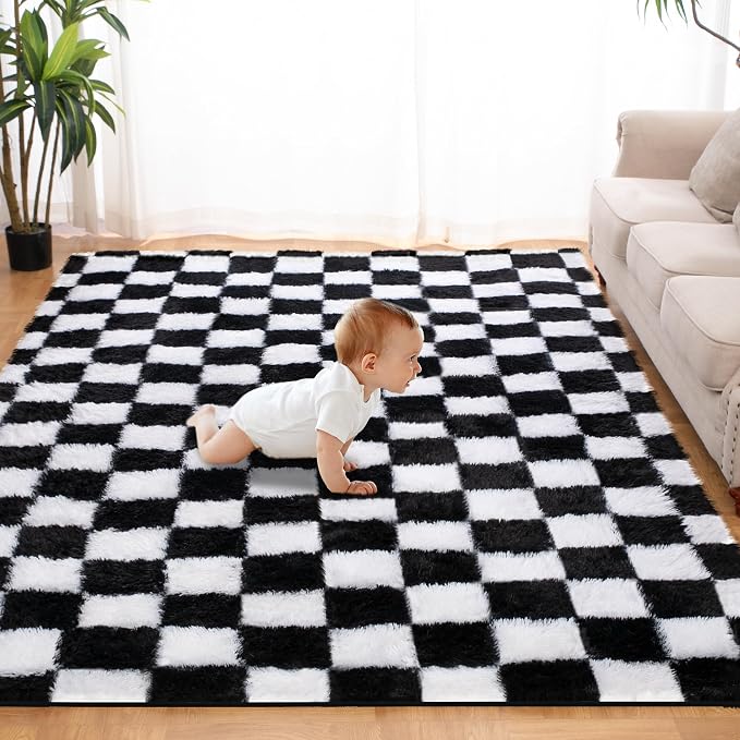 Super Soft Rug for Bedroom, 8x10 Ft Black and White Area Rug Classic Checkered - Image 2
