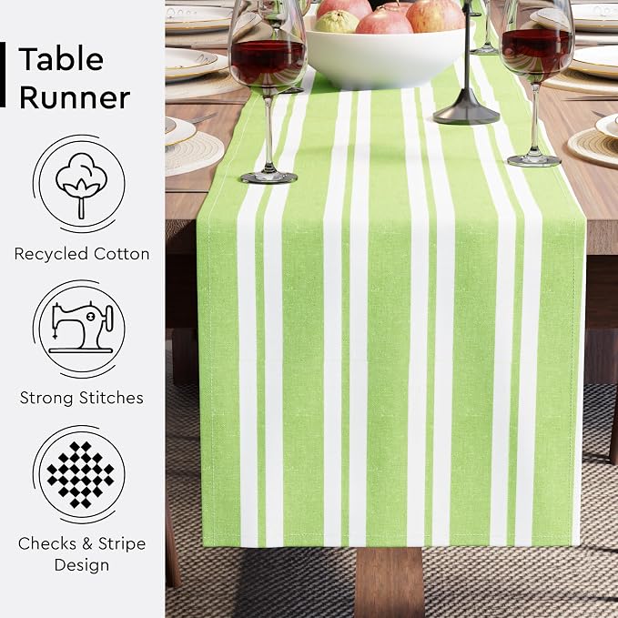Encasa XO Table Runner, Woven Cotton Dining Runner 13"x94" Franca Lime Stripes - Image 3