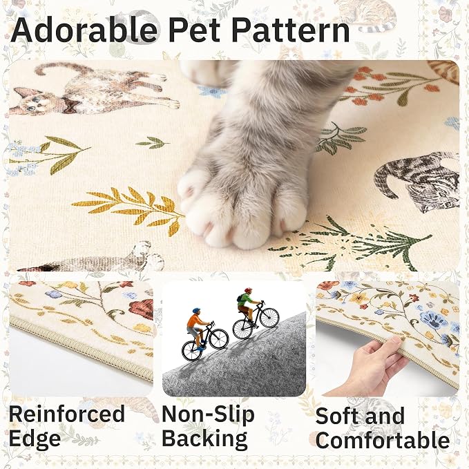 Soalmost Cat 8x10 Area Rugs for Living Room, Machine Washable Animal Floral - Image 6