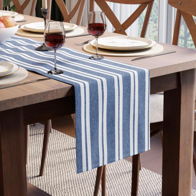 Encasa XO Table Runner, Woven Cotton Dining Runner 13"x72" Franca Blue Stripes by EncasaXO
