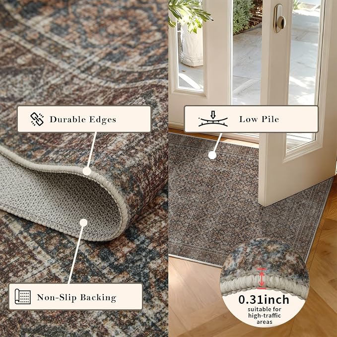 Latte&Fog Round Rug Washable Vintage Non Slip Circle Area Rug | Washable - Image 4