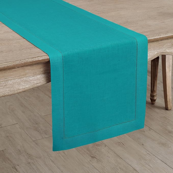 Solino Home 100% Pure Linen Table Runner Teal, Classic Hemstitch 14 x 90 in | - Image 2