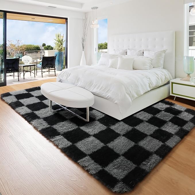KICMOR Checkered Rugs for Living Room 5x8 Black and Grey, Fluffy Fuzzy Plush - Image 7