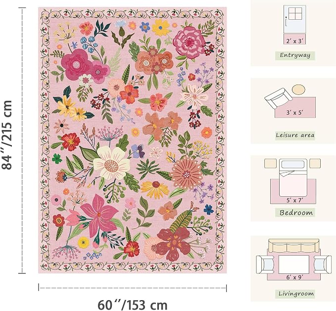 Latte&Fog Pink 8x10 Area Rugs for Living Room, Cute Floral Large Washable Rugs - Image 2