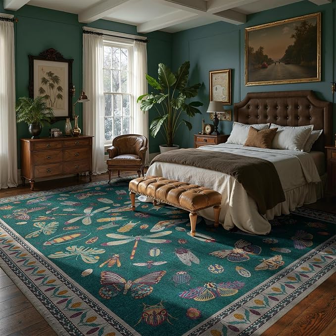DCX 5x7 Washable Insect Rug, Vintage Gothic Deep Teal Rug - Image 2