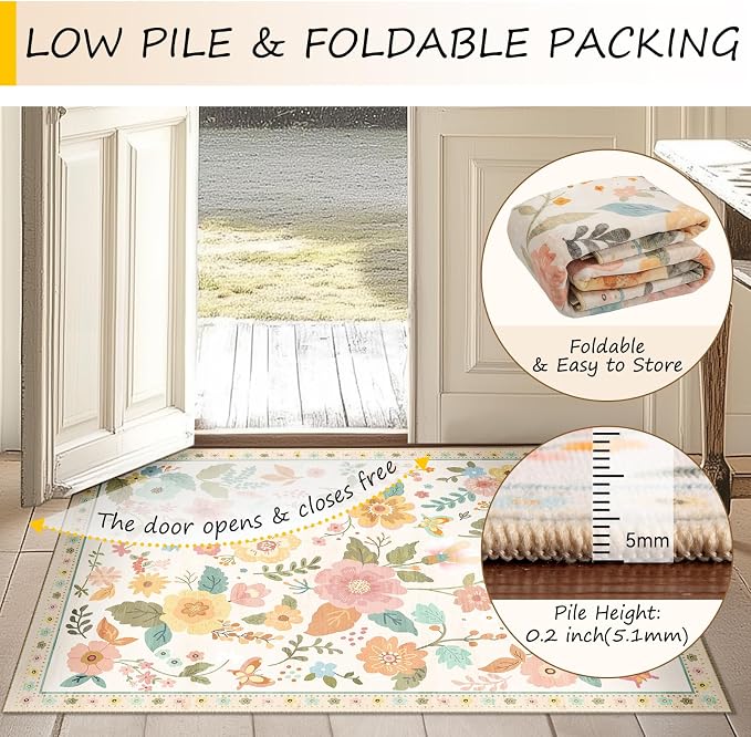 RELEANY Floral 4ft Area Rugs Washable Print Boho Cute Carpet Non Slip Flower - Image 5