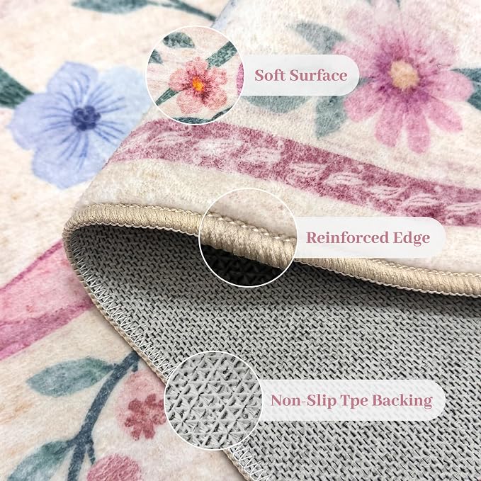Pink Floral Bow Rug 6x9 for Living Room, Washable Non Slip Area Rug, Soft Boho - Image 4