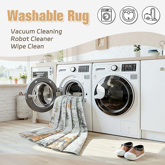 Area Rug 5x7 Living Room Rug Washable: No-Slip Abstract Soft Thin Large Grey - Image 3