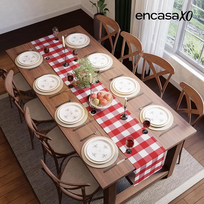 Encasa XO Table Runner, Woven Cotton Dining Runner 13"x48" | Buffalo Red Checks - Image 4