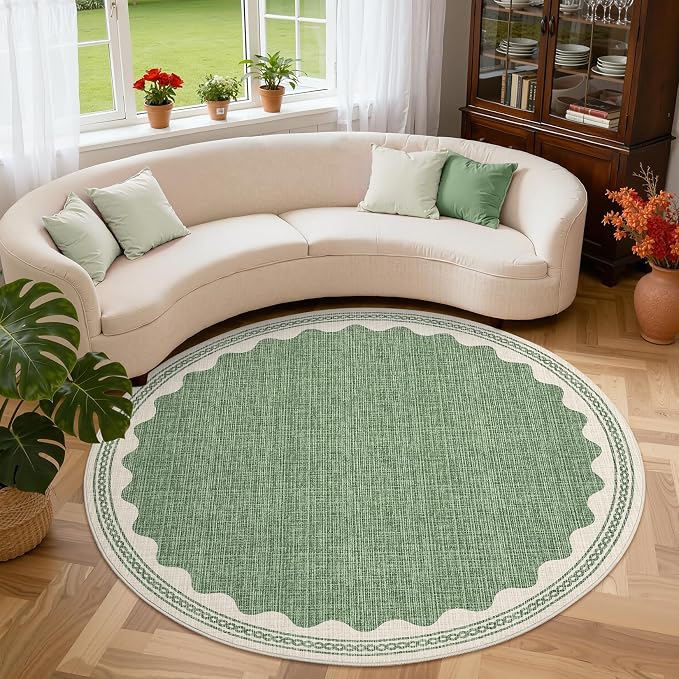 GarveeHome Scalloped Sage Green 4ft Round Rug Washable Non-Slip Soft Ultra-Thin - Image 2