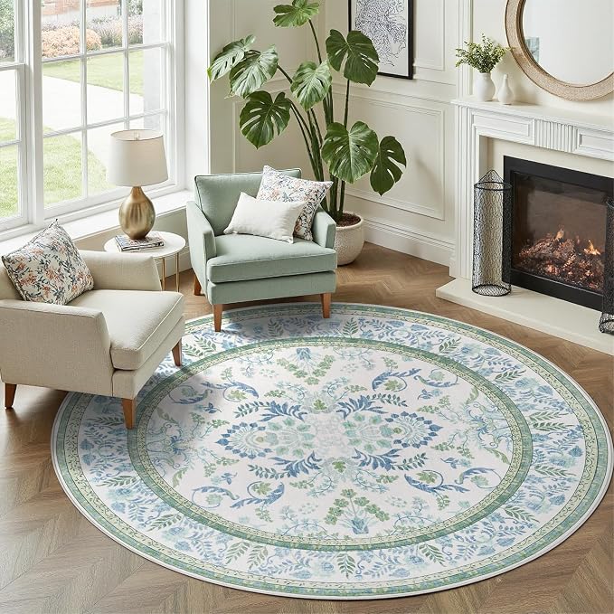 DCX Area Rug 4x4 Botanical Floral Washable Rugs in Green and Blue Soft Non Slip by DCXWashableRug