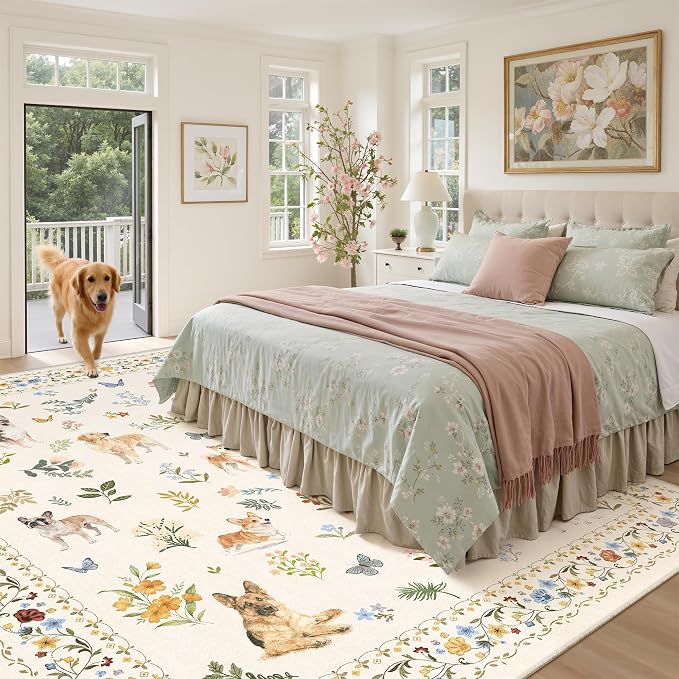 Soalmost Dog 8x10 Area Rugs for Living Room, Machine Washable Animal Floral - Image 3