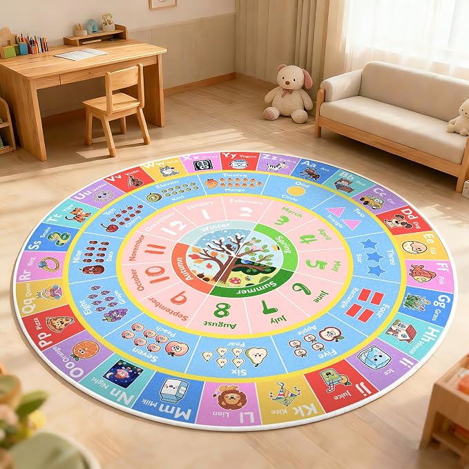 ABC Kids Rug for Playroom, 5ft Round Alphabet Small Classroom Rug, Non-Slip - Image 9