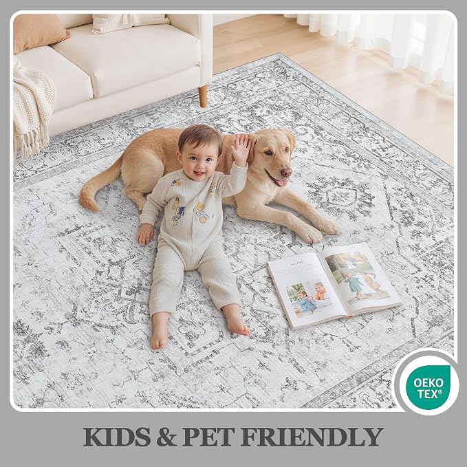 9x12 Area Rugs for Living Room:Gray Washable Vintage Medallion Rug Non-Slip - Image 5