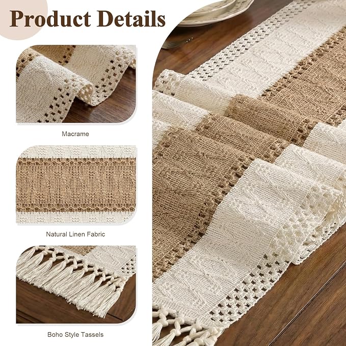 Burlap Boho Table Runner Macrame Brown 60in Farmhouse Woven Runner | Burlap - Image 2